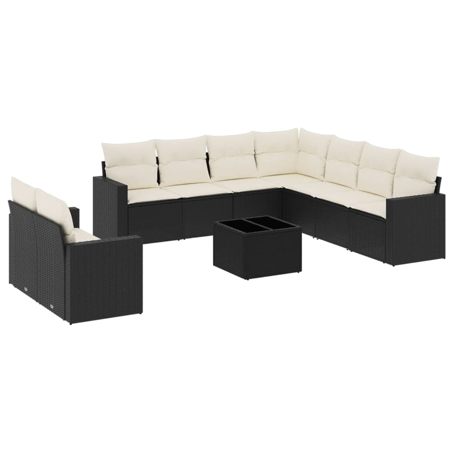 10-delige Loungeset met kussens poly rattan zwart Zwart en crème