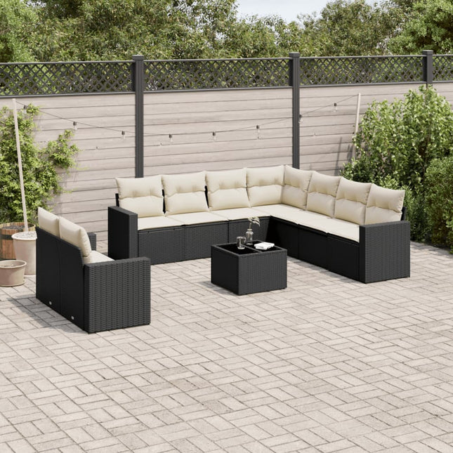 10-delige Loungeset met kussens poly rattan zwart Zwart en crème