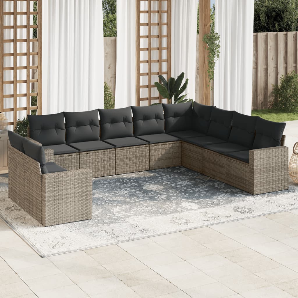 10-Delige Loungeset Met Kussens Poly Rattan Grijs