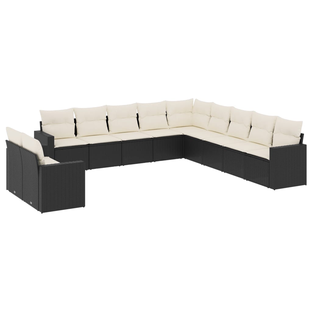 11-delige Loungeset met kussens poly rattan zwart Zwart en crème