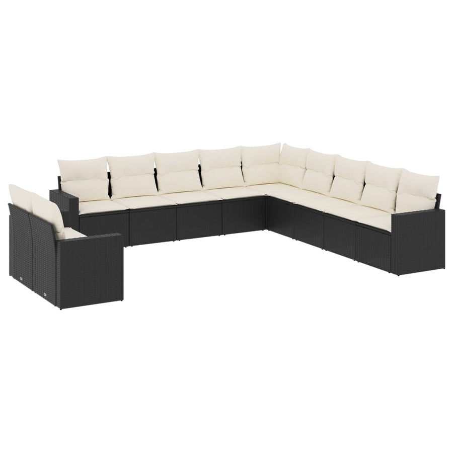 11-delige Loungeset met kussens poly rattan zwart Zwart en crème