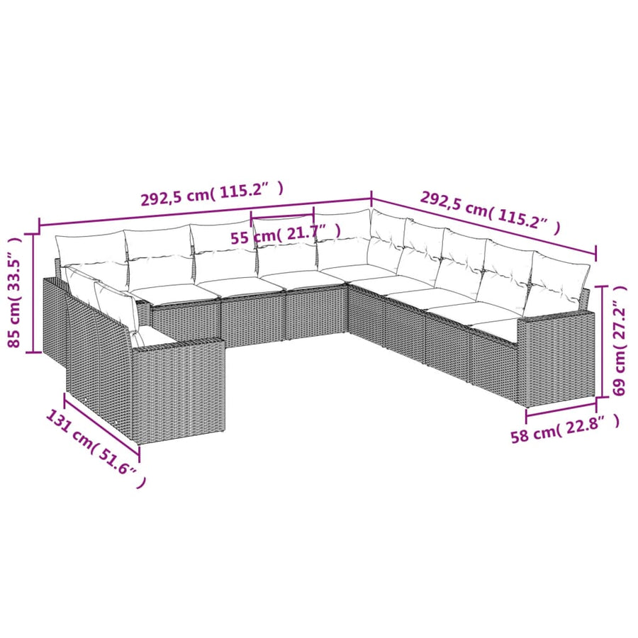 11-Delige Loungeset Met Kussens Poly Rattan Grijs