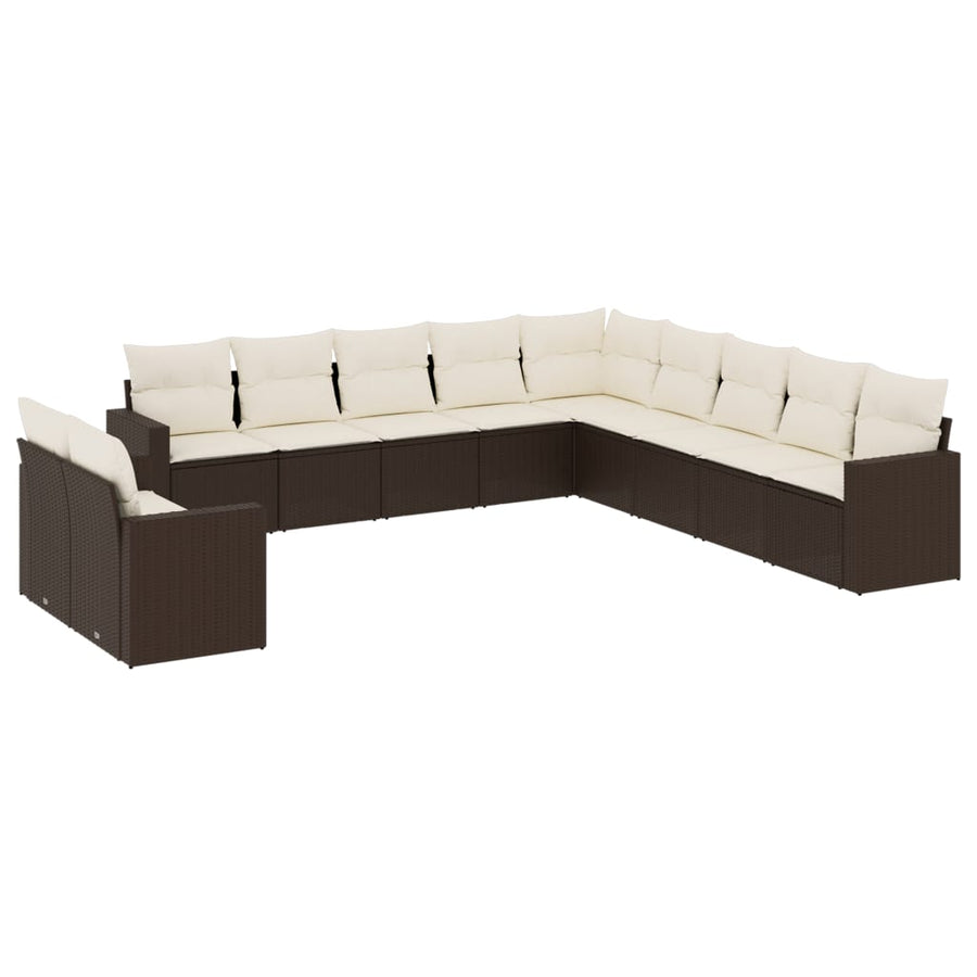 11-delige Loungeset met kussens poly rattan bruin Bruin en crème Zonder tafel