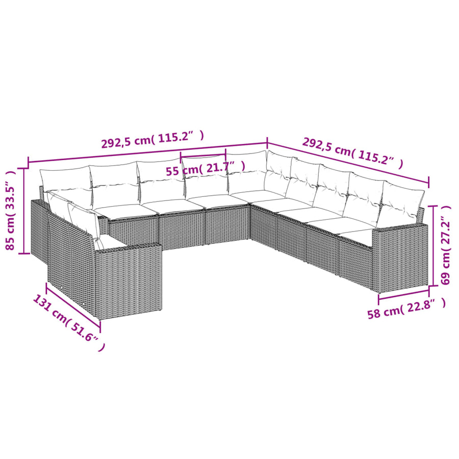 11-delige Loungeset met kussens poly rattan bruin Bruin en crème Zonder tafel