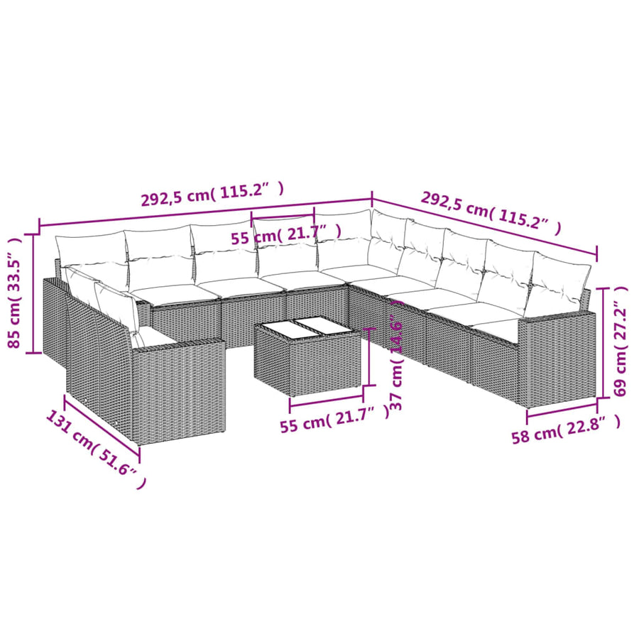 12-Delige Loungeset Met Kussens Poly Rattan Zwart