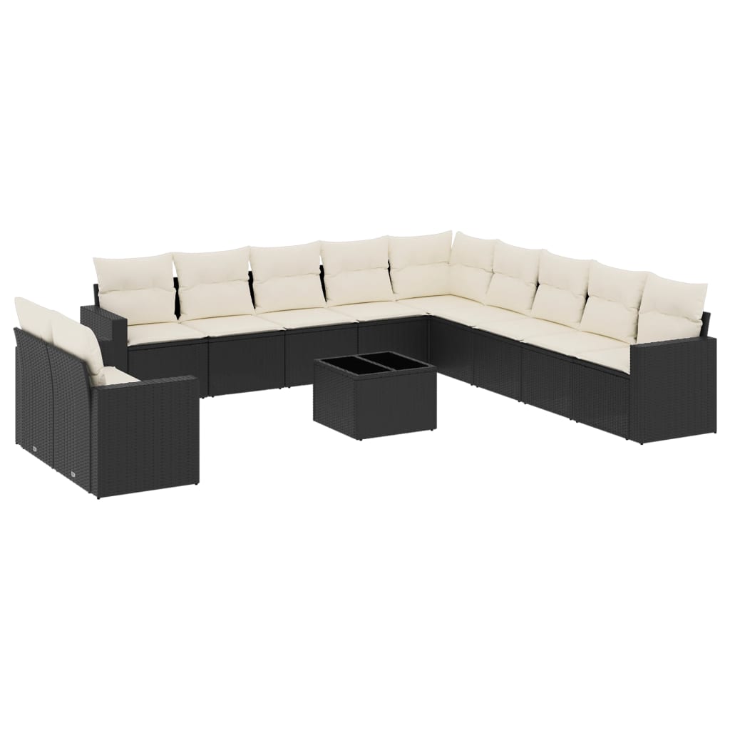 12-delige Loungeset met kussens poly rattan zwart Zwart en crème Met tafel