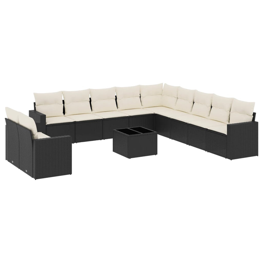 12-delige Loungeset met kussens poly rattan zwart Zwart en crème Met tafel
