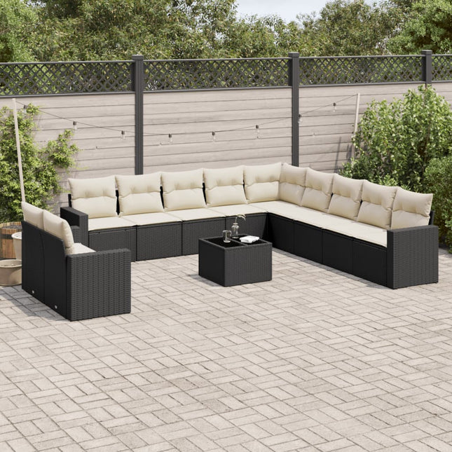 12-delige Loungeset met kussens poly rattan zwart Zwart en crème Met tafel