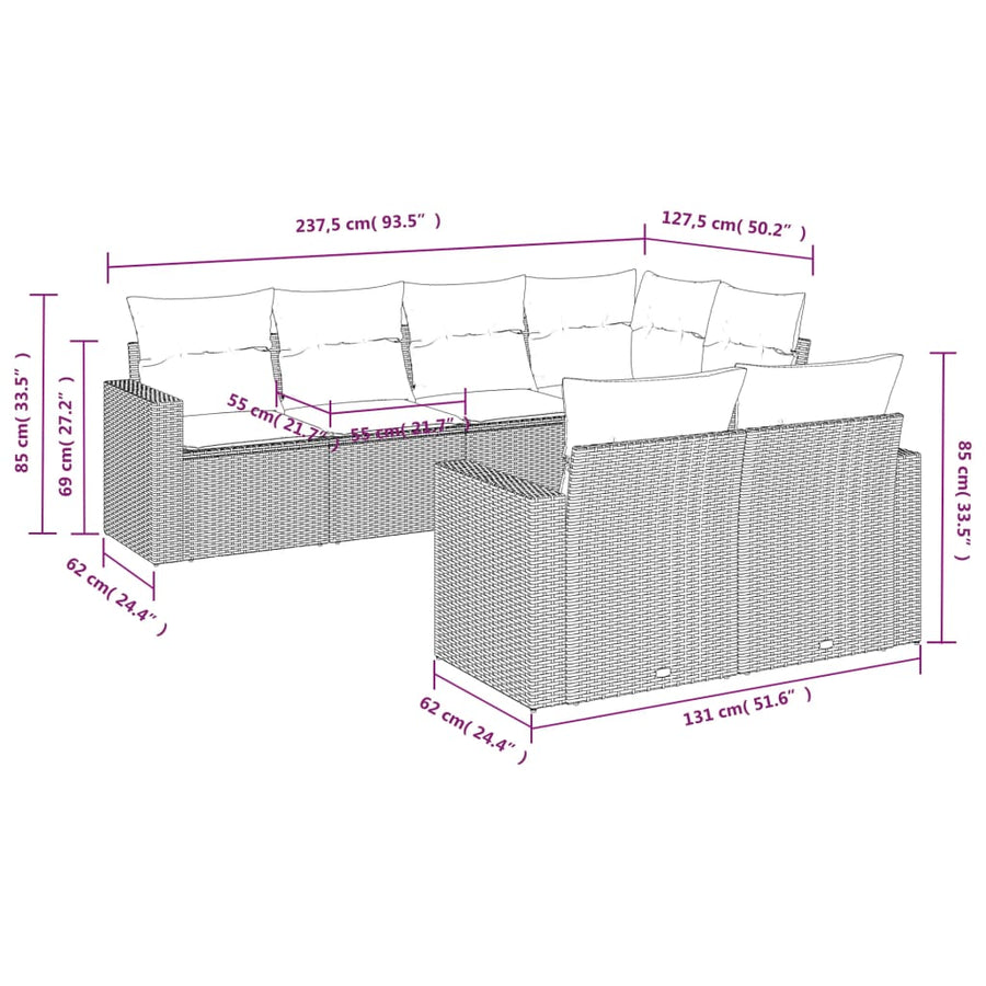 7-Delige Loungeset Met Kussens Poly Rattan Grijs