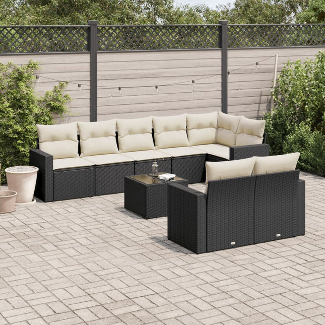 9-delige Loungeset met kussens poly rattan zwart 1 Zwart en crème