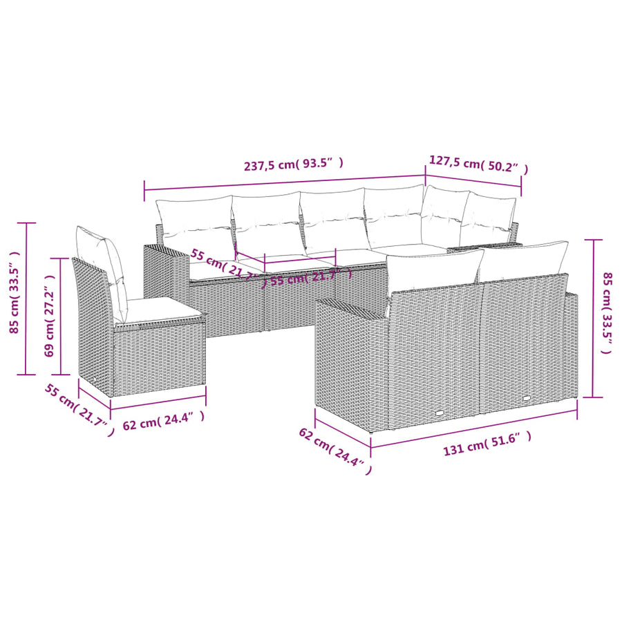 8-Delige Loungeset Met Kussens Poly Rattan Zwart