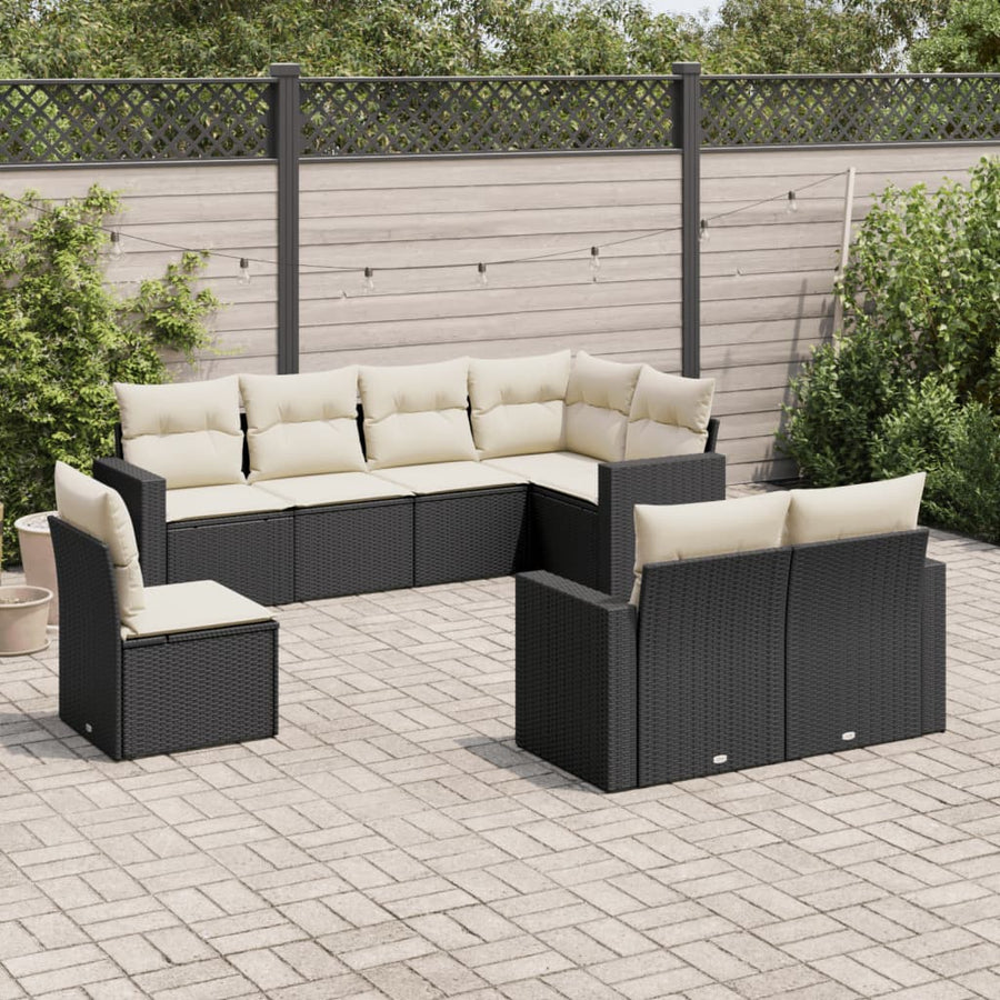 8-delige Loungeset met kussens poly rattan zwart Zwart en crème Zonder tafel