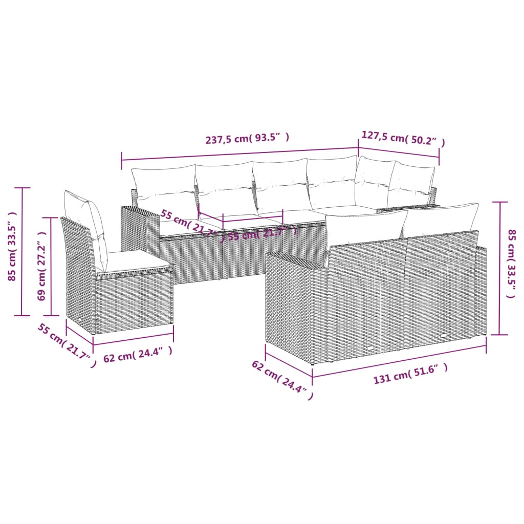 8-Delige Loungeset Met Kussens Poly Rattan Grijs