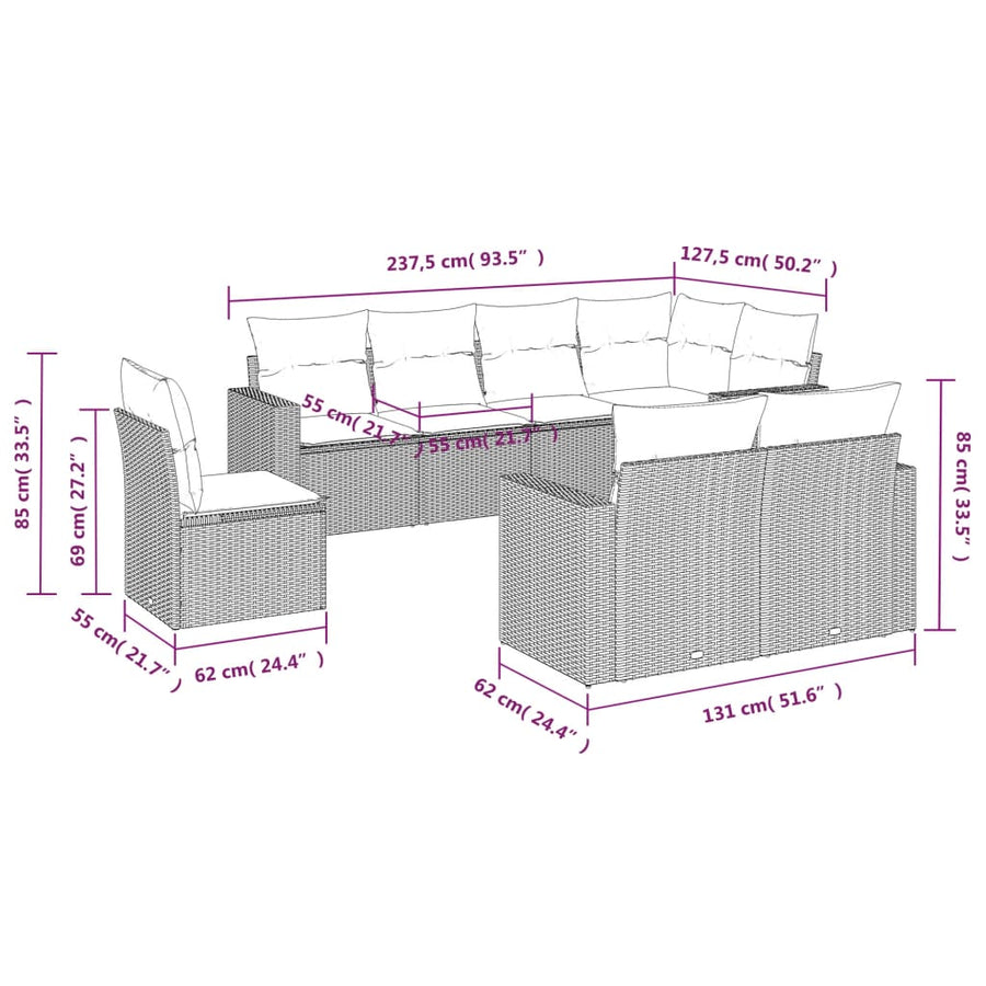 8-Delige Loungeset Met Kussens Poly Rattan Grijs
