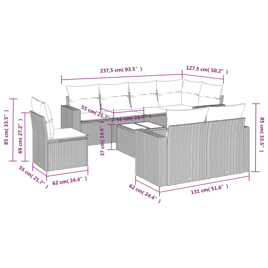 9-Delige Loungeset Met Kussens Poly Rattan Zwart