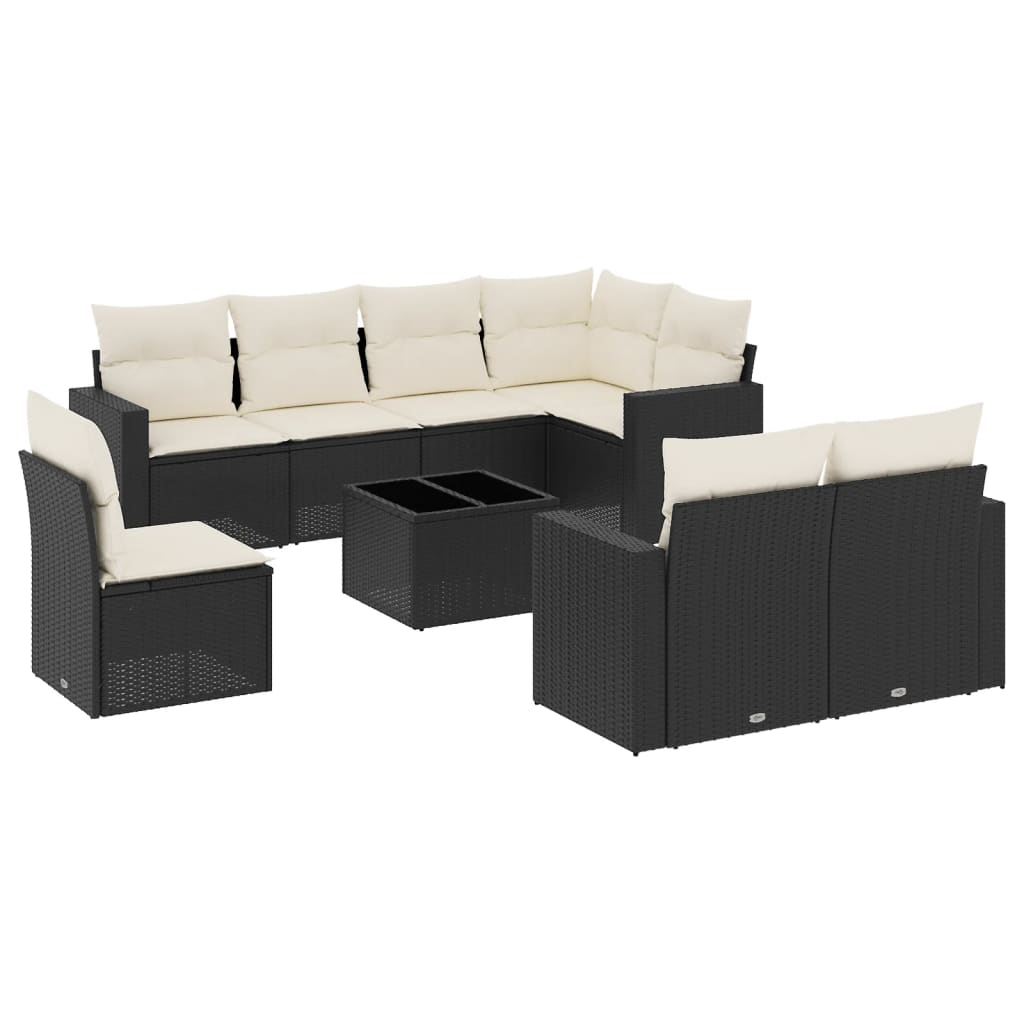 9-delige Loungeset met kussens poly rattan zwart 1 Zwart en crème