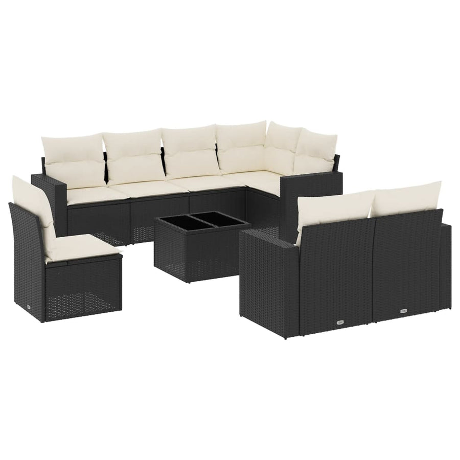 9-delige Loungeset met kussens poly rattan zwart 1 Zwart en crème