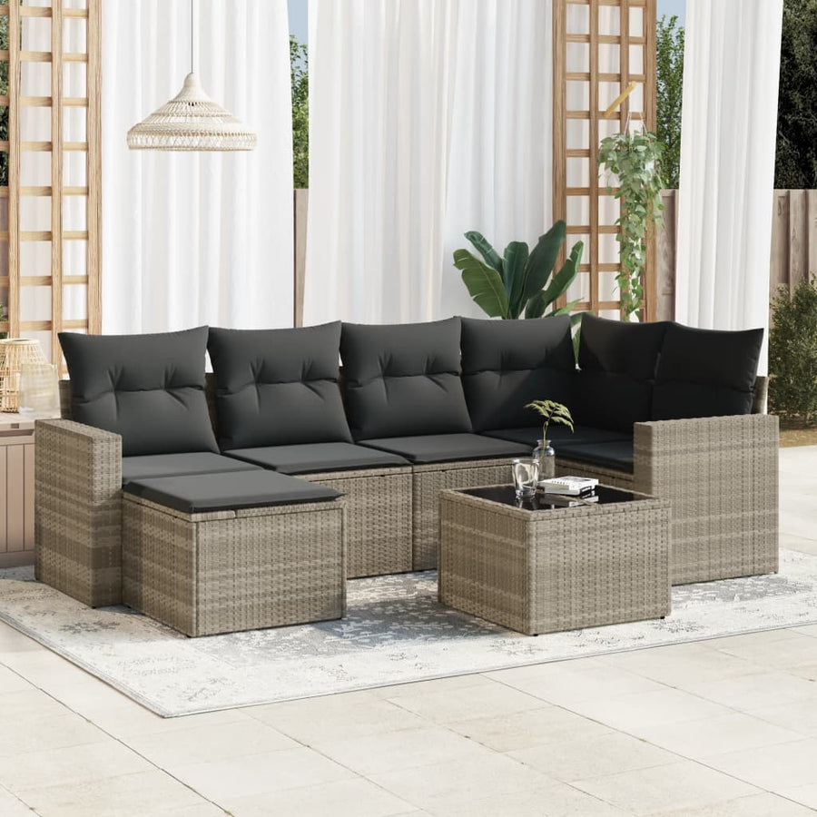 7-delige Loungeset met kussens poly rattan lichtgrijs
