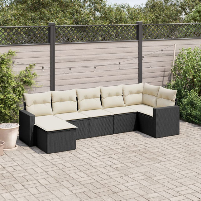 7-delige Loungeset met kussens poly rattan zwart 1 Zwart en crème