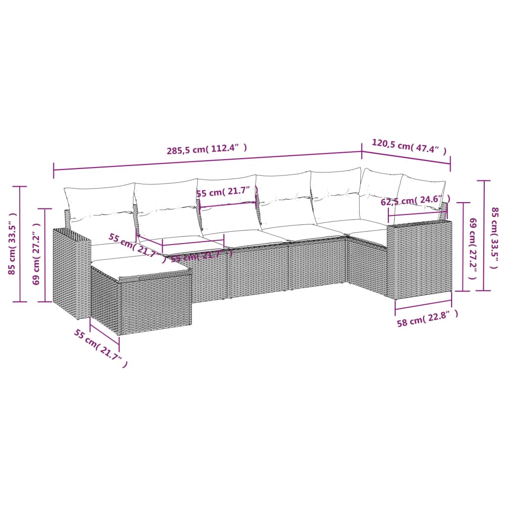 7-Delige Loungeset Met Kussens Poly Rattan Grijs