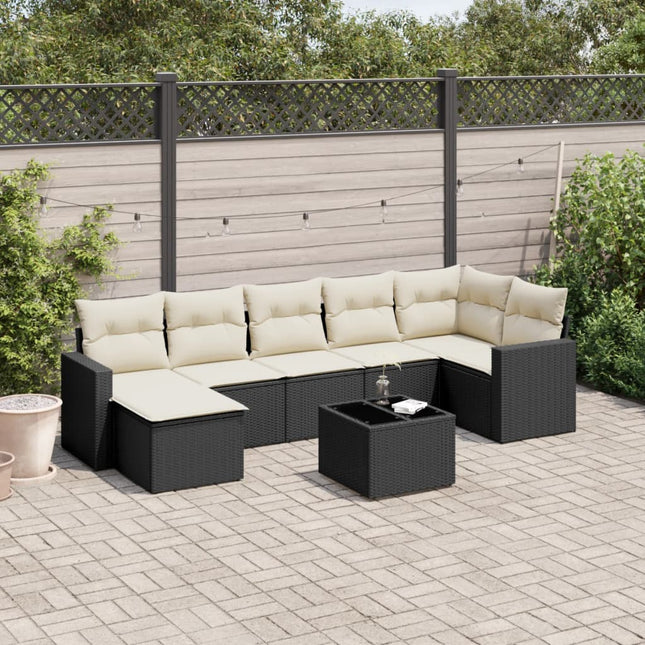 8-delige Loungeset met kussens poly rattan zwart Zwart en crème Met tafel