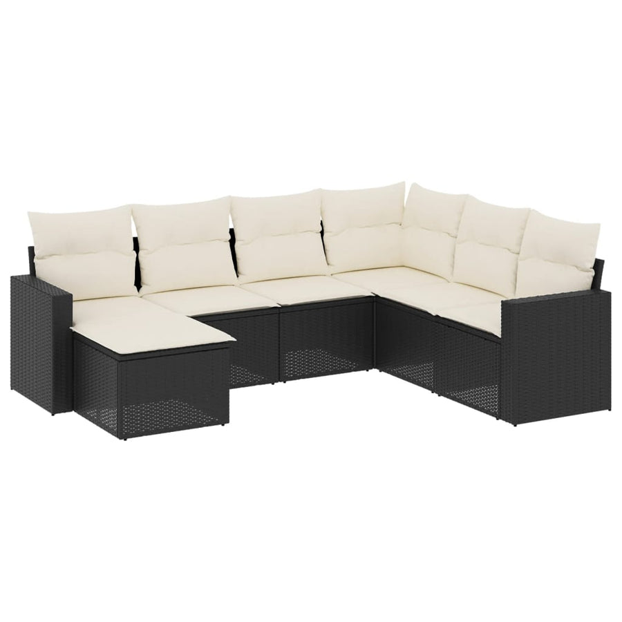 7-delige Loungeset met kussens poly rattan zwart 1 Zwart en crème
