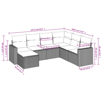 7-delige Loungeset met kussens poly rattan zwart 1 Zwart en crème