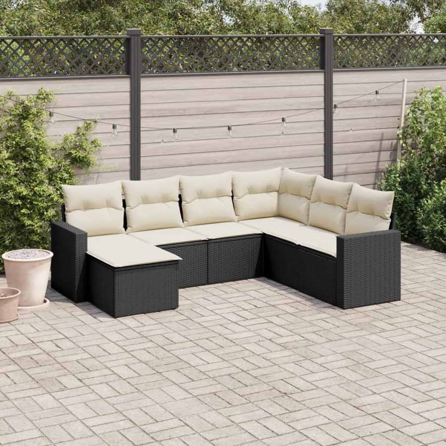 7-delige Loungeset met kussens poly rattan zwart 1 Zwart en crème