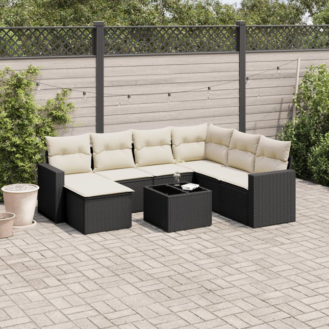 8-delige Loungeset met kussens poly rattan zwart Zwart en crème Met tafel