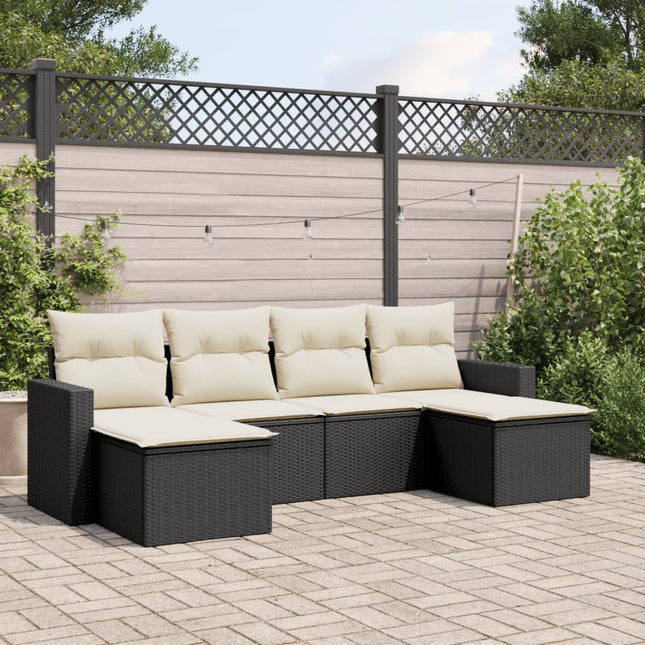 6-delige Loungeset met kussens poly rattan zwart 1 Zwart en crème