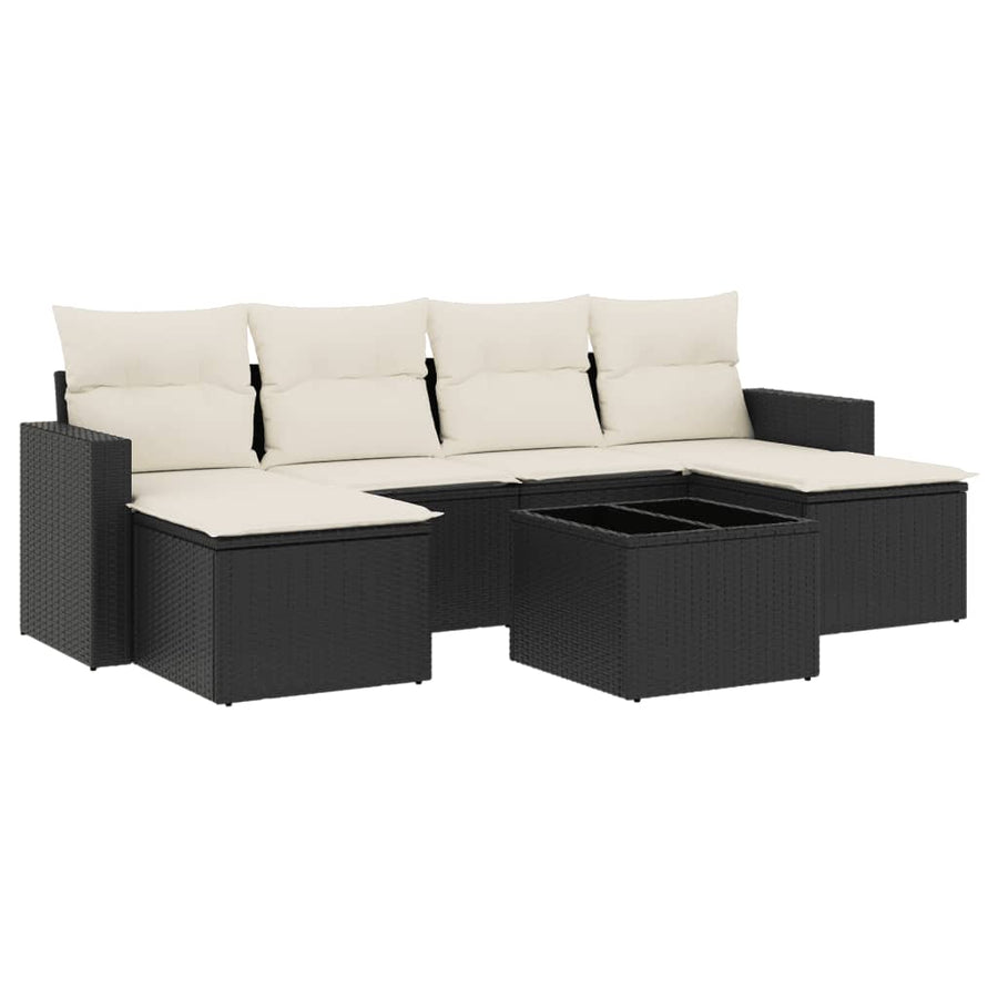7-delige Loungeset met kussens poly rattan zwart Zwart en crème Met tafel