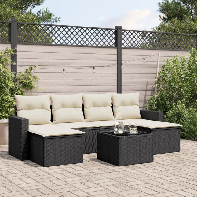 7-delige Loungeset met kussens poly rattan zwart Zwart en crème Met tafel