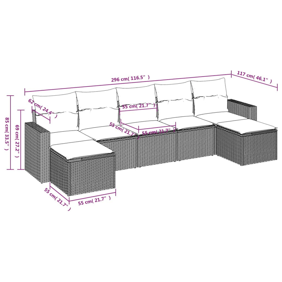 7-Delige Loungeset Met Kussens Poly Rattan Grijs
