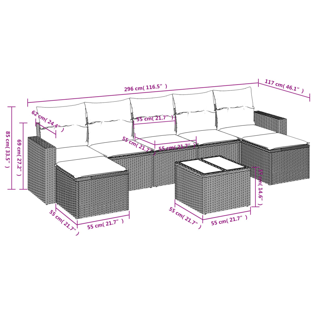 8-Delige Loungeset Met Kussens Poly Rattan Grijs