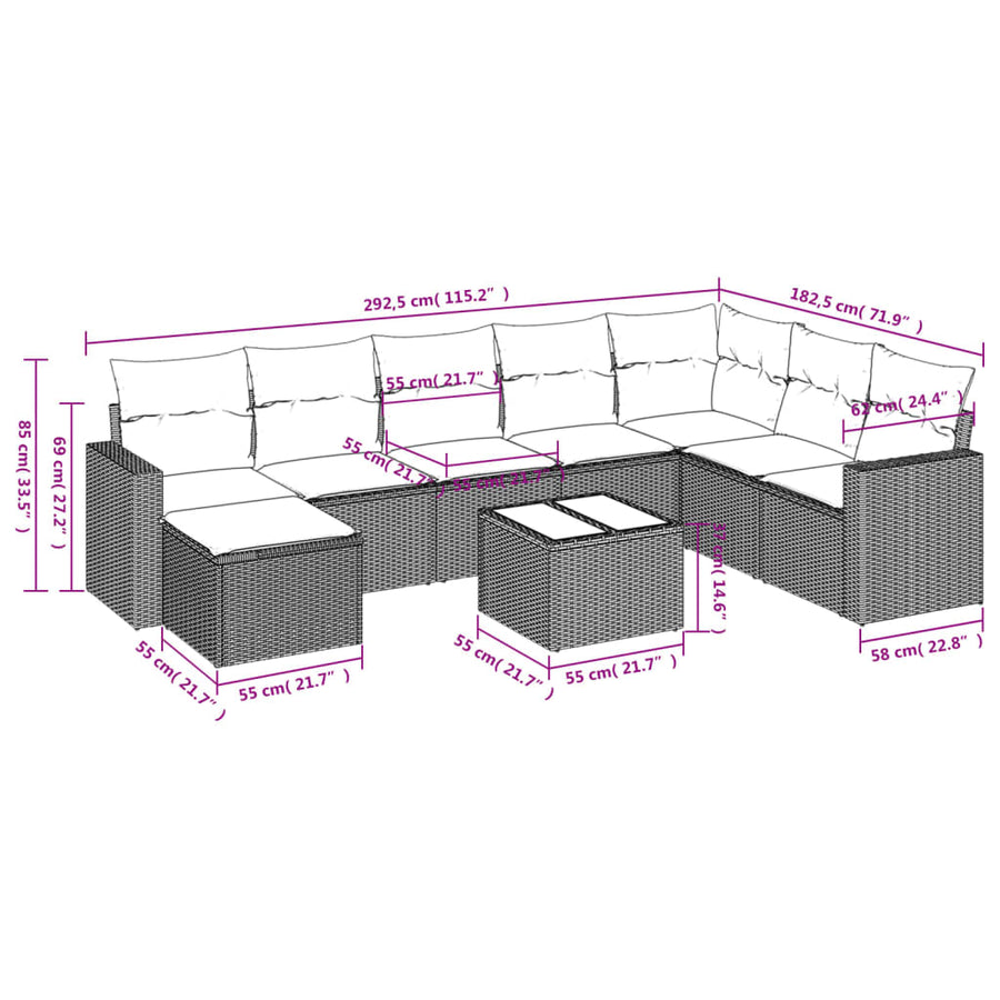 9-Delige Loungeset Met Kussens Poly Rattan Zwart
