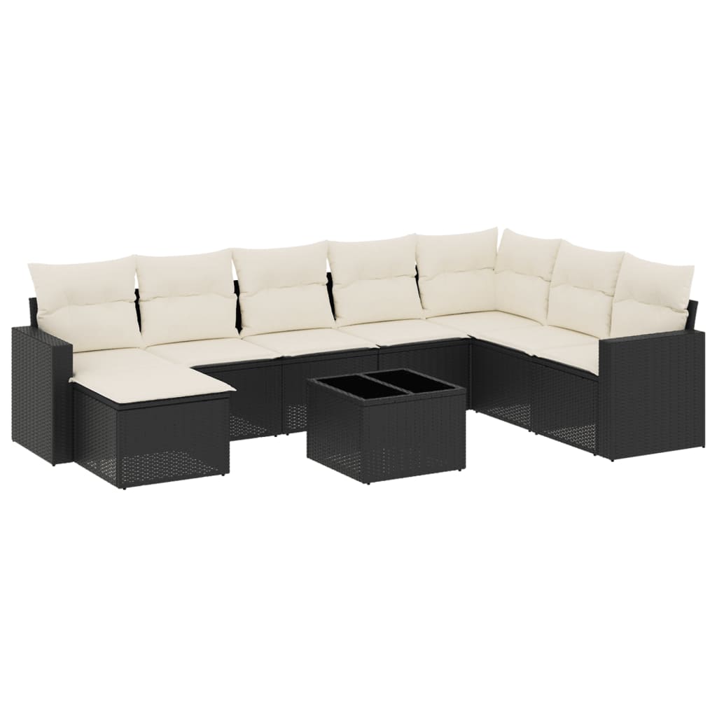 9-delige Loungeset met kussens poly rattan zwart 1 Zwart en crème