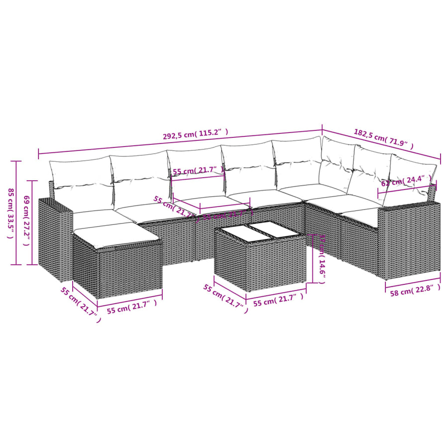 9-delige Loungeset met kussens poly rattan zwart 1 Zwart en crème