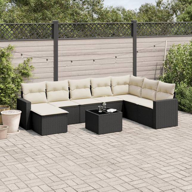 9-delige Loungeset met kussens poly rattan zwart 1 Zwart en crème