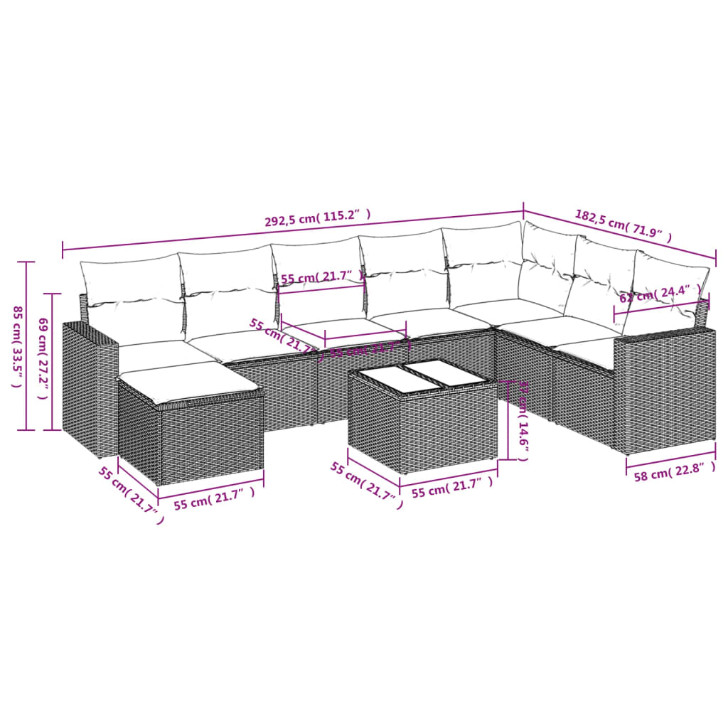9-Delige Loungeset Met Kussens Poly Rattan Beige