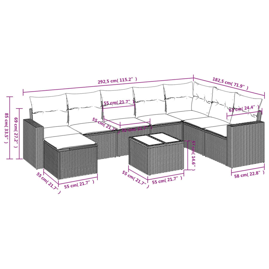9-Delige Loungeset Met Kussens Poly Rattan Beige