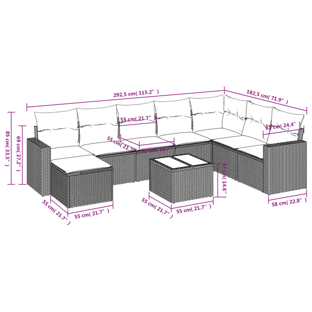 9-Delige Loungeset Met Kussens Poly Rattan Beige