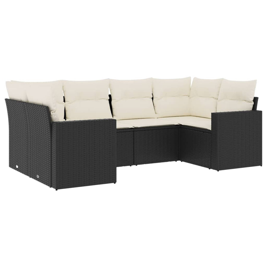 6-delige Loungeset met kussens poly rattan zwart Zwart en crème