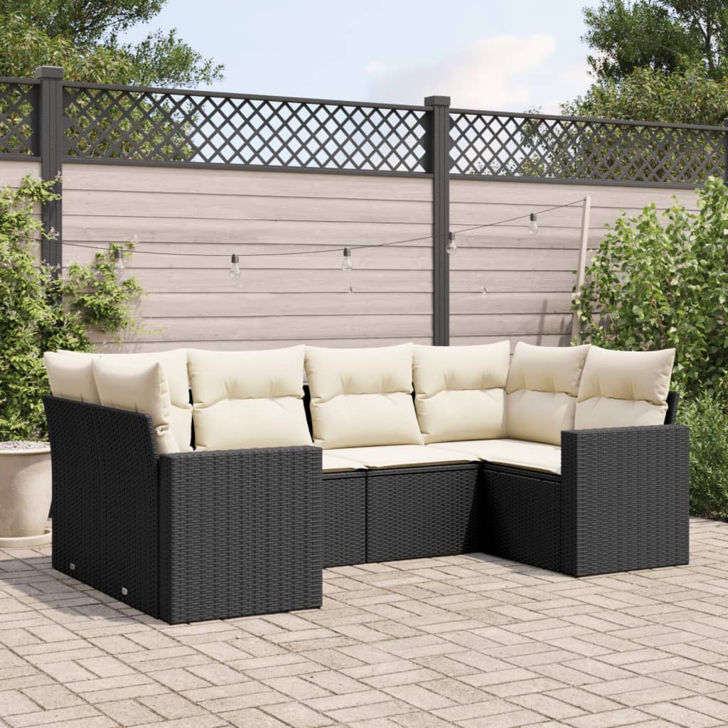 6-delige Loungeset met kussens poly rattan zwart Zwart en crème
