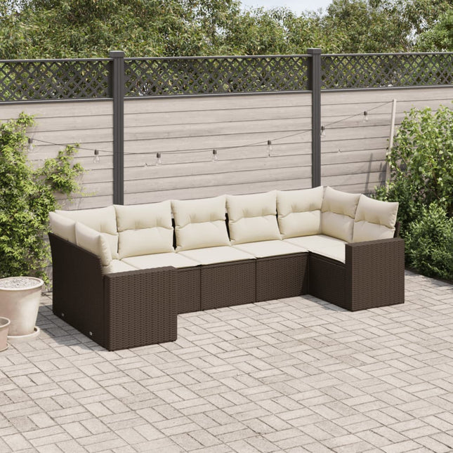 7-delige Loungeset met kussens poly rattan bruin Bruin en crème