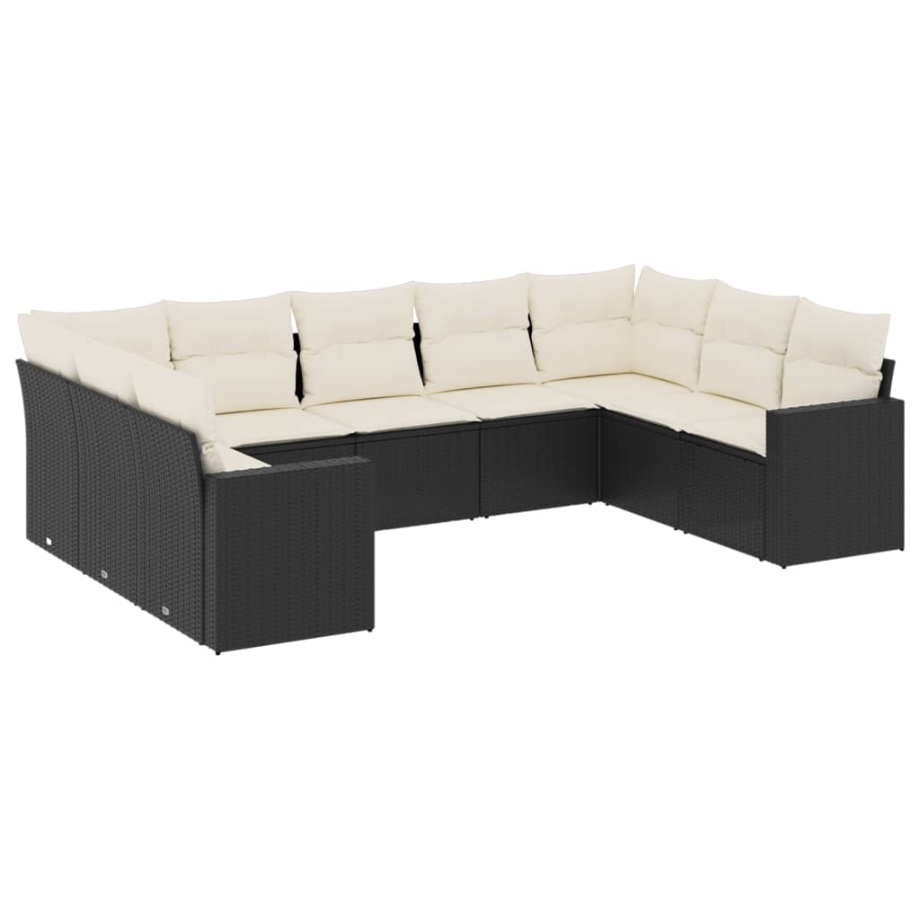 9-delige Loungeset met kussens poly rattan zwart Zwart en crème Zonder tafel