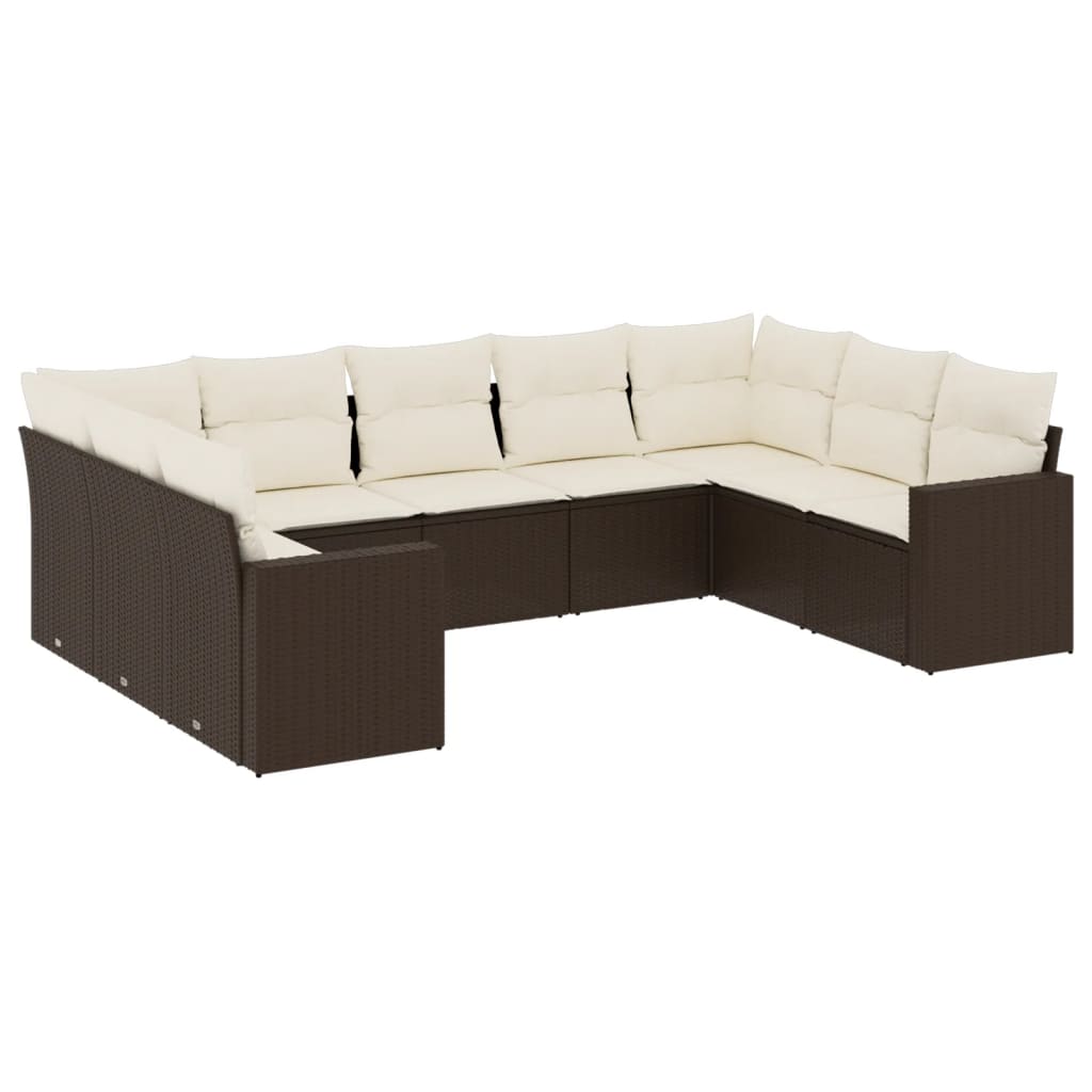 9-delige Loungeset met kussens poly rattan bruin 1 Bruin en crème