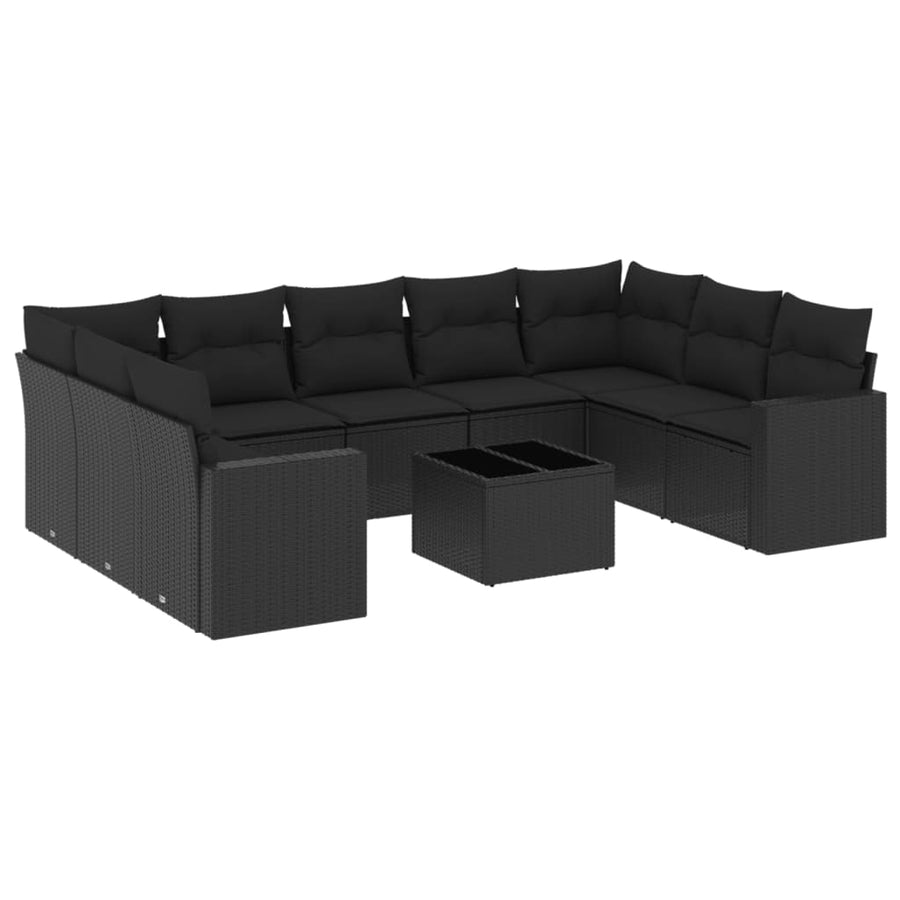 10-delige Loungeset met kussens poly rattan zwart Zwart