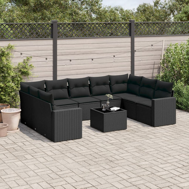 10-delige Loungeset met kussens poly rattan zwart Zwart