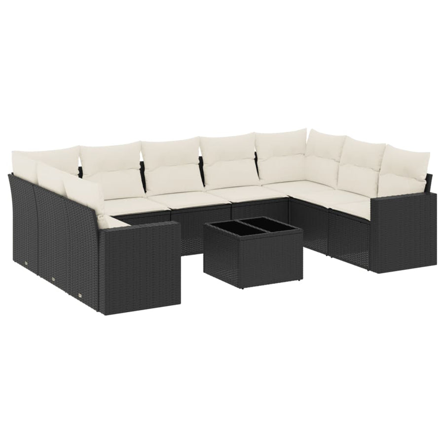 10-delige Loungeset met kussens poly rattan zwart Zwart en crème
