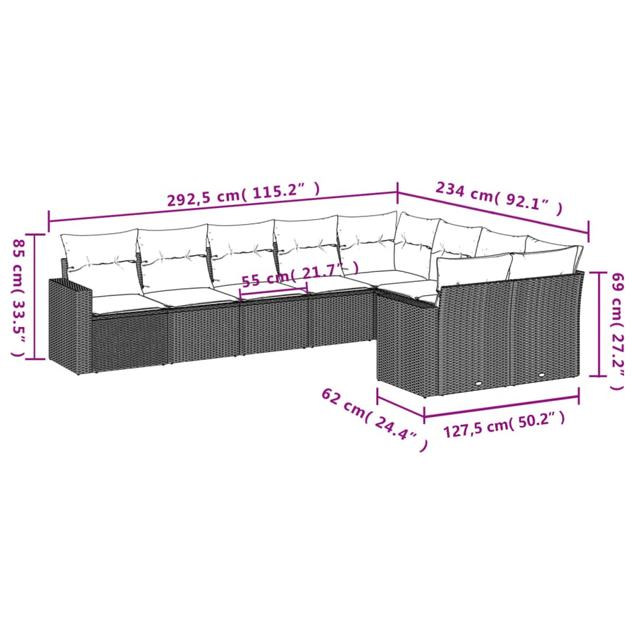 9-delige Loungeset met kussens poly rattan lichtgrijs